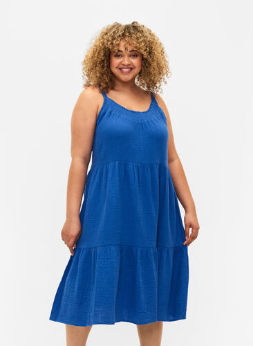 Effen katoenen jurk met bandjes, Victoria blue, Model image number 0