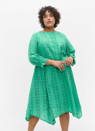 Katoenen jurk met borduursel anglaise, Holly Green, Model image number 0