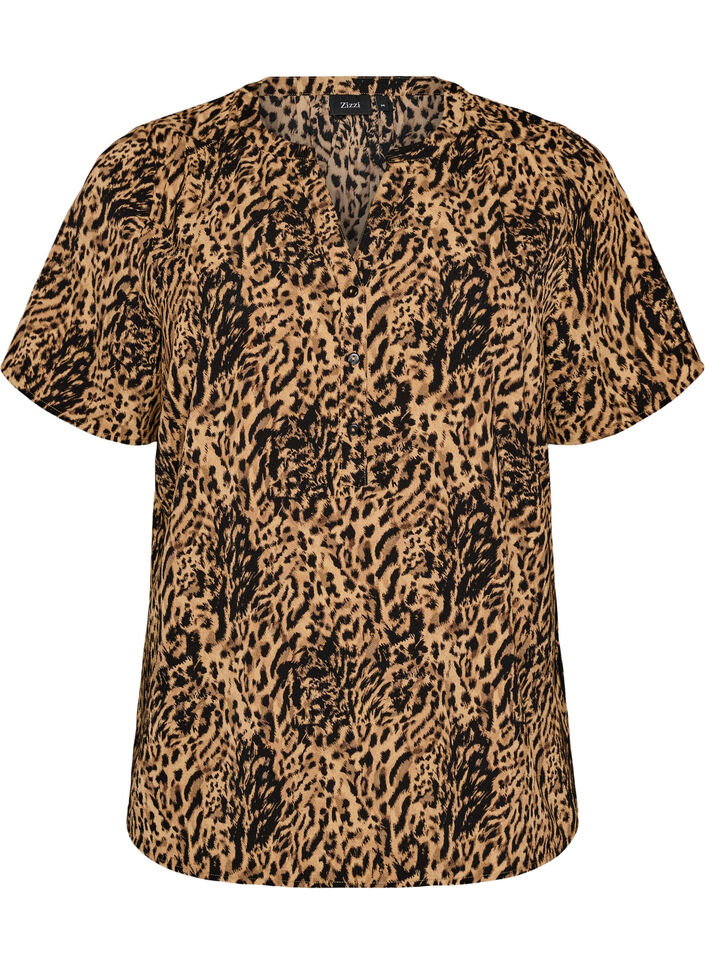 Blouse met korte mouwen en v-halslijn, Bruin, Packshot image number 0