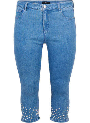 Denim onderbroek met hoge taille en parels, Light blue denim, Packshot image number 0