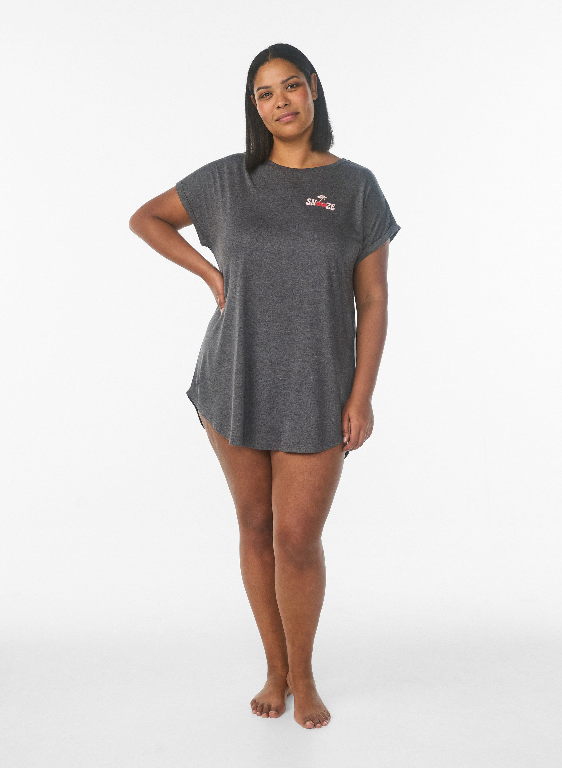 Zizzi Short sleeve nightgown with text print, Black, Model image number 1