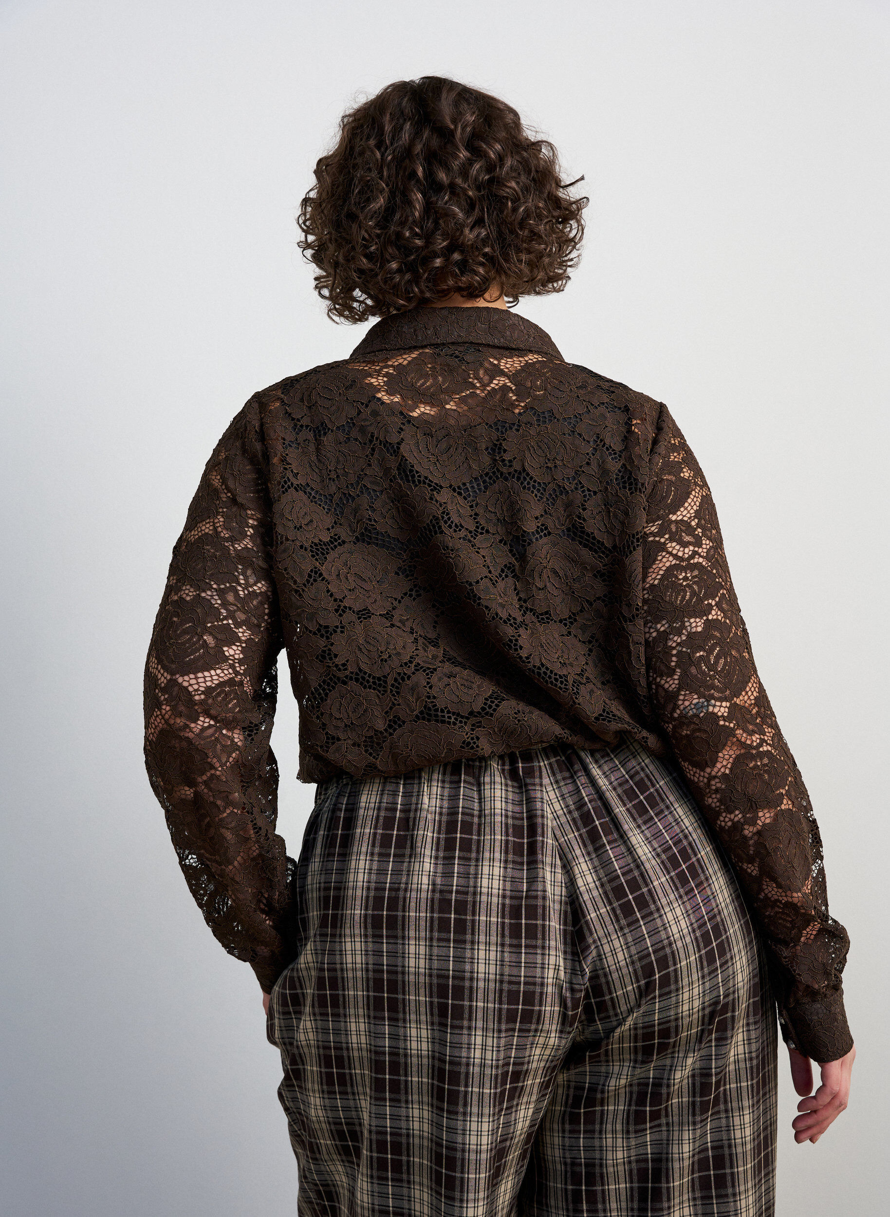 ZizziKanten shirt met parelknopen, Bruin, Model image number 2