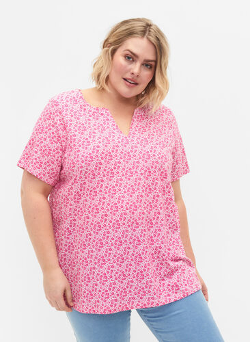 Gebloemd katoenen t-shirt met v-hals, Shocking Pink AOP, Model image number 0