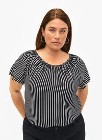 Gestreepte blouse van viscose met korte mouwen, Black/ White Stripe, Model