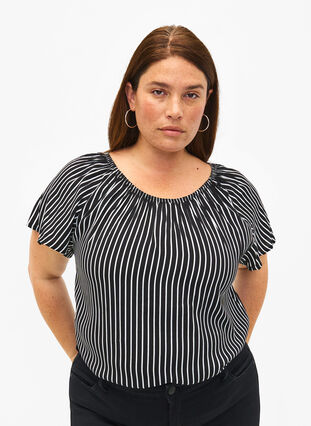 Gestreepte blouse van viscose met korte mouwen, Black/ White Stripe, Model image number 0