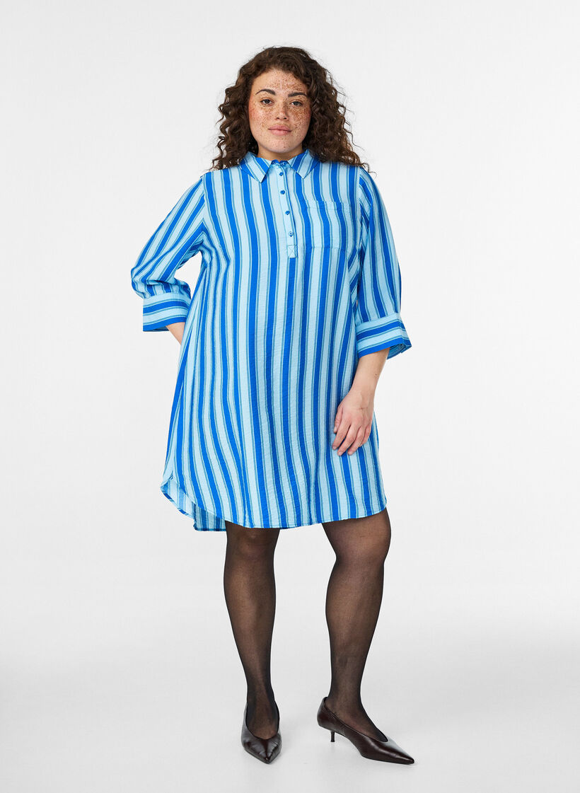 Korte jurk met kraag en borstzak, Blauw, Model image number 1