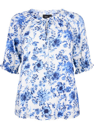 Gebloemde viscose blouse met halve mouwen, B. White Big Flower, Packshot image number 0