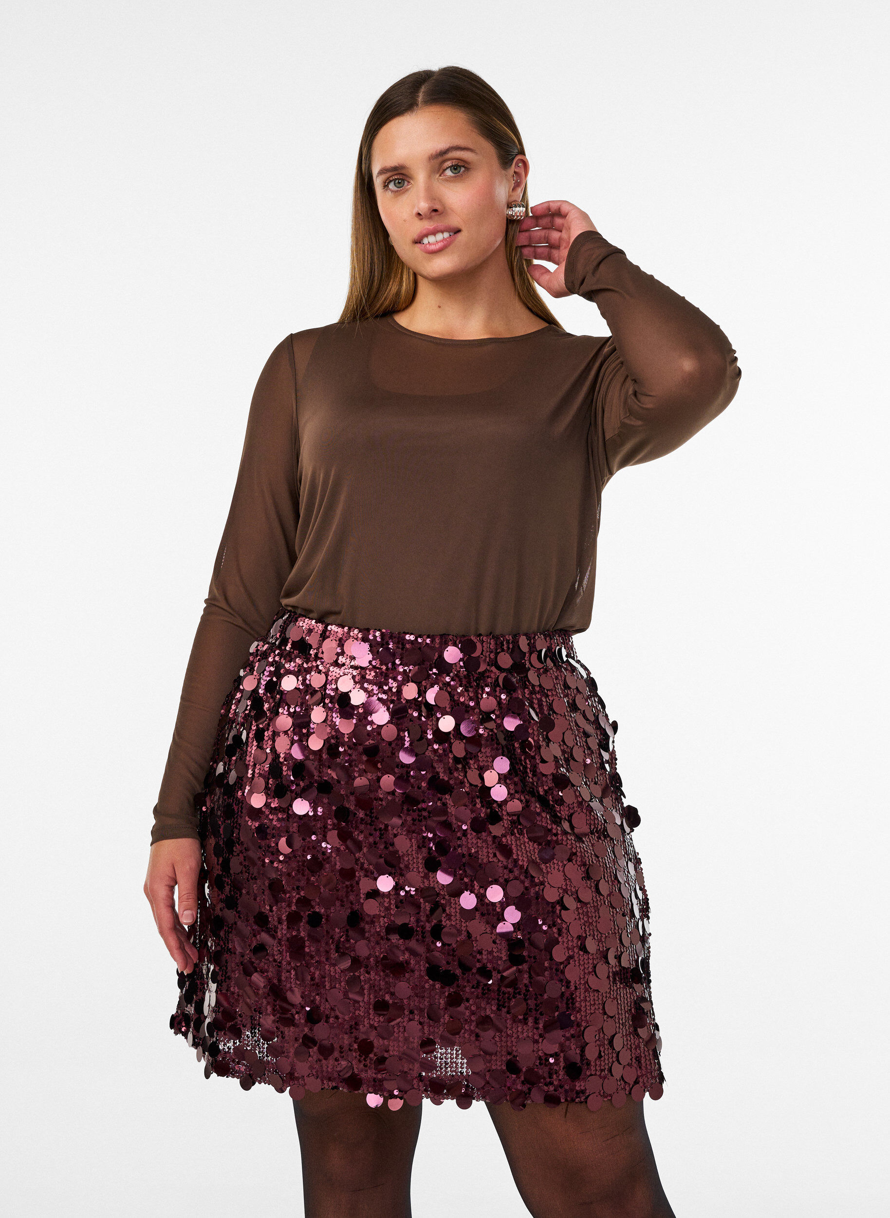 Korte paillettenrok met elastische tailleband, Donker Bordeaux, Model