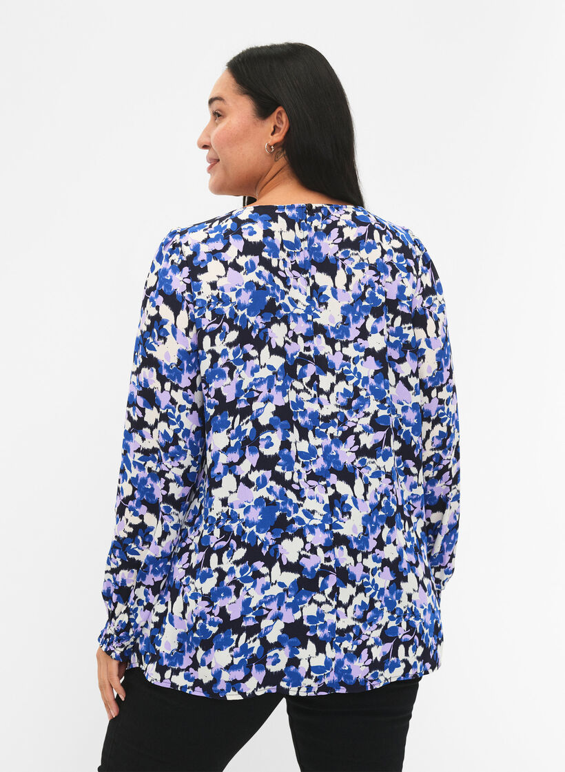 FLASH - Blouse met lange mouwen, smok en print, Blue Purple Flower, Model image number 1