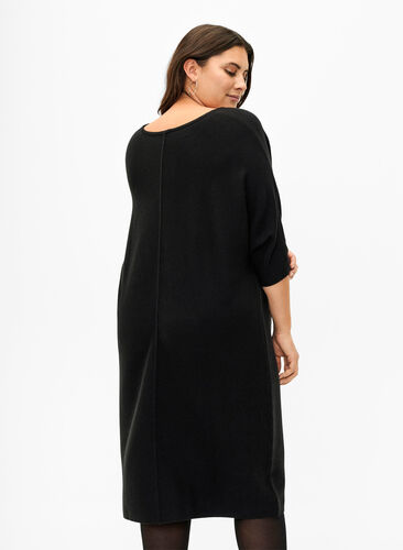 Geribde jurk met 3/4 mouwen, Black, Model image number 1