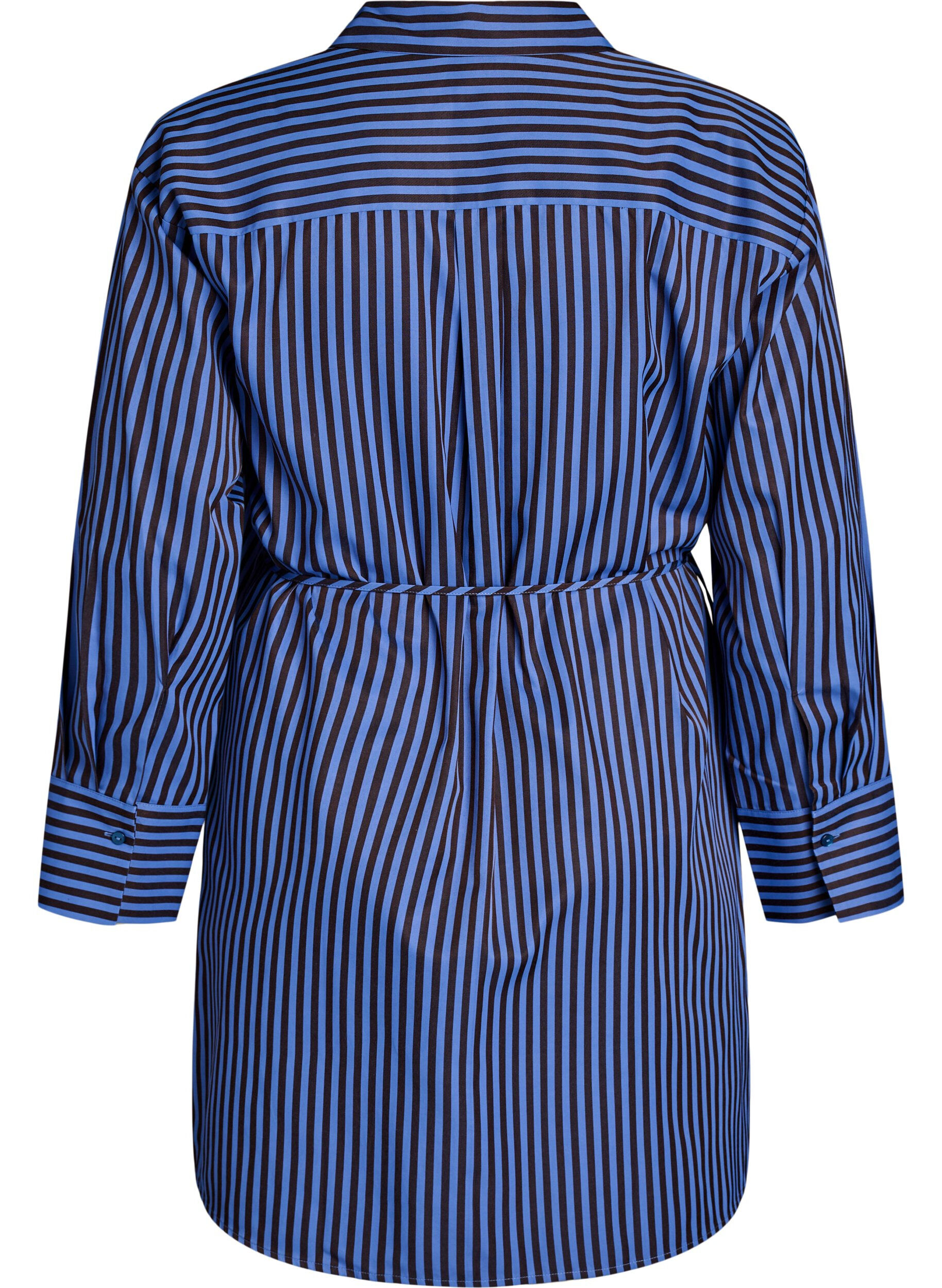 ZizziGestreept shirt met wikkel-effect en een strikceintuur, Blauw, Packshot image number 1