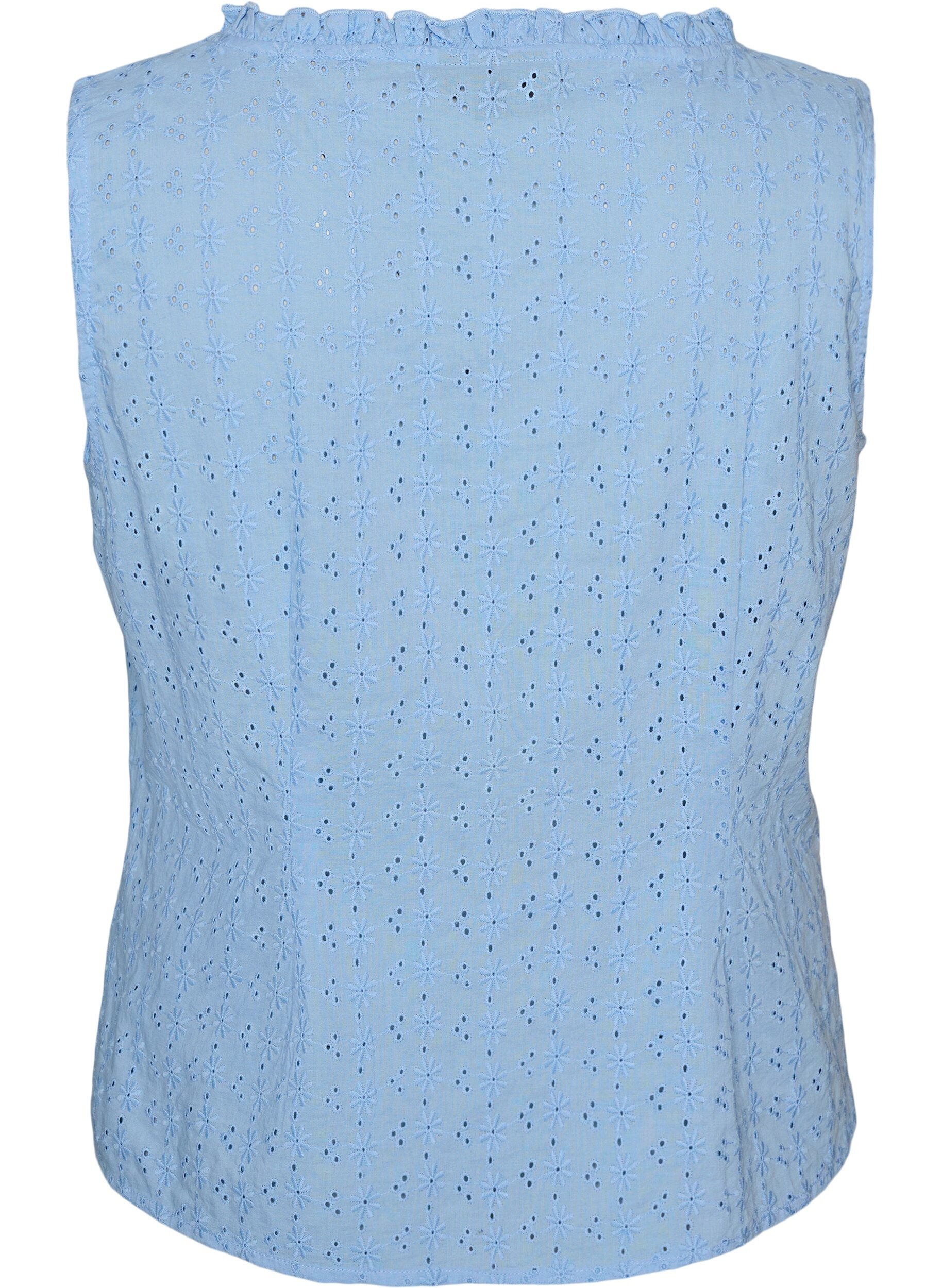 ZizziMouwloze blouse met broderie anglaise en ruches, Blauw, Packshot image number 1