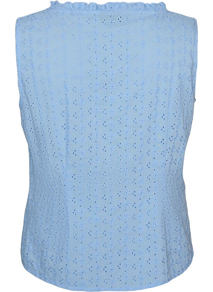 Mouwloze blouse met broderie anglaise en ruches, Blauw, Packshot image number 1