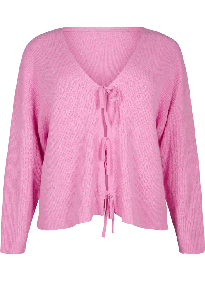Gebreide cardigan met strikceintuur, Begonia Pink Mel., Packshot image number 0