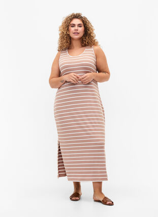 Mouwloze, geribde jurk van viscose, Natural W. Stripe, Model image number 2