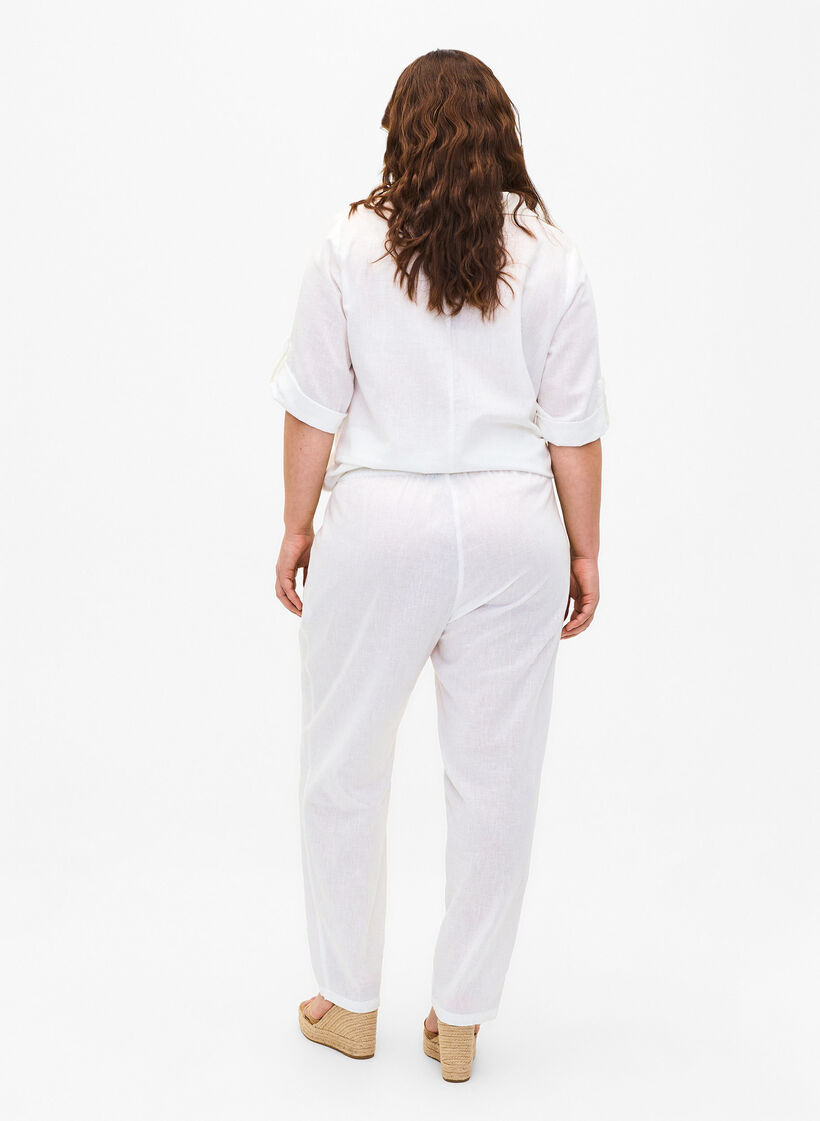 Effen katoenen broek met linnen, Bright White, Model image number 1