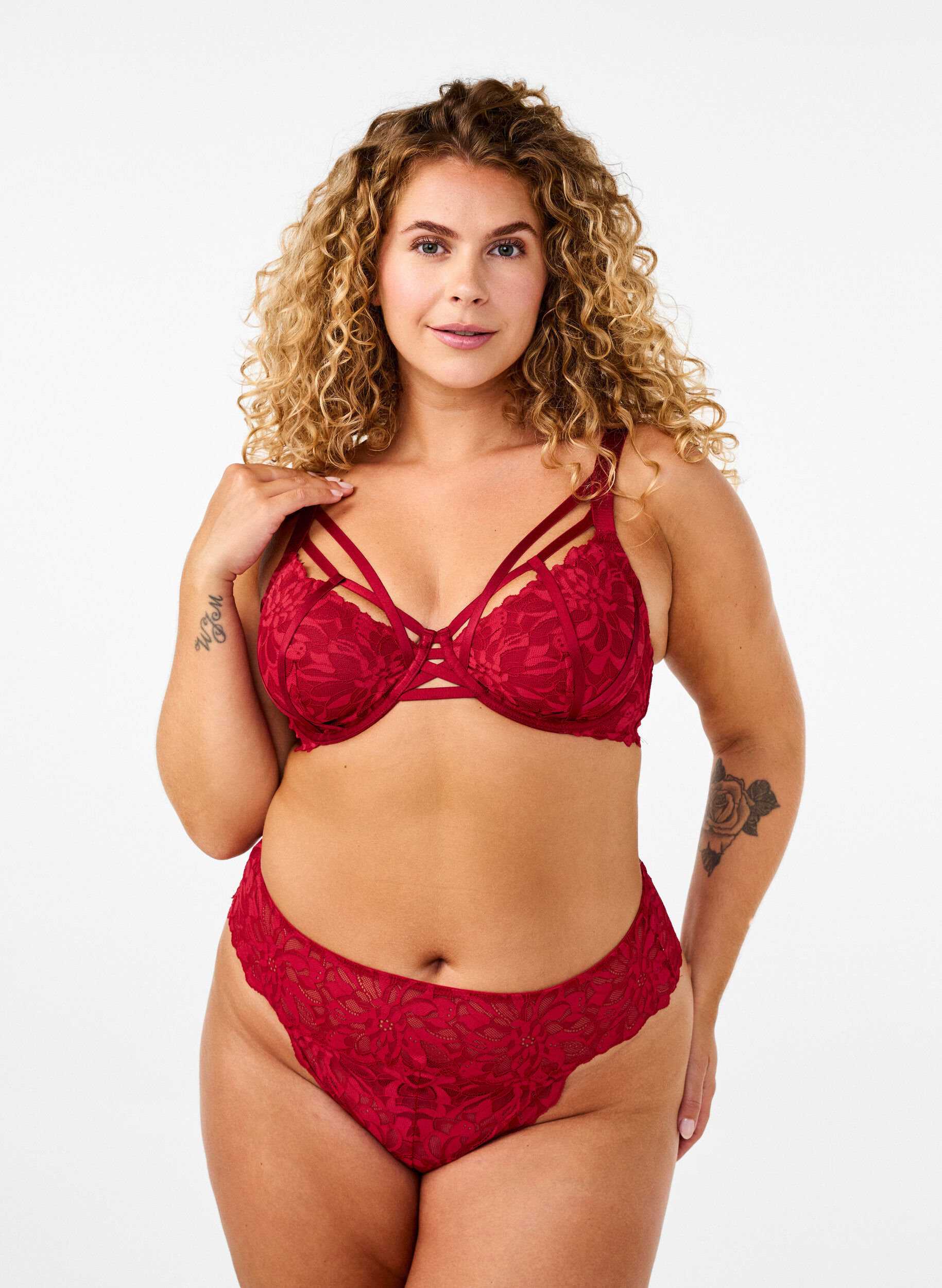 Zizzi Zonder kruis kanten string, Rood, Model image number 0