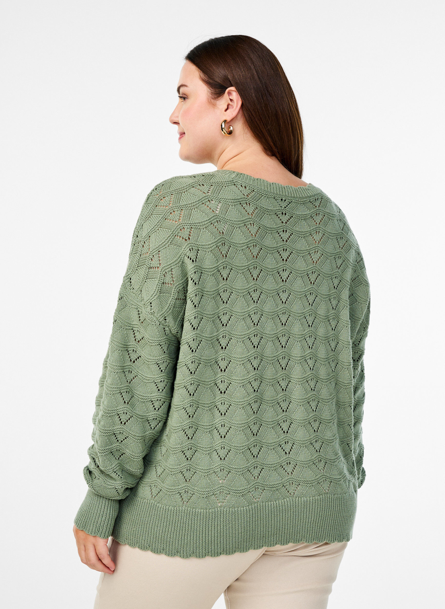 Zizzi Gebreide blouse met lange mouwen en een opengewerkt patroon, Green Bay, Model image number 1