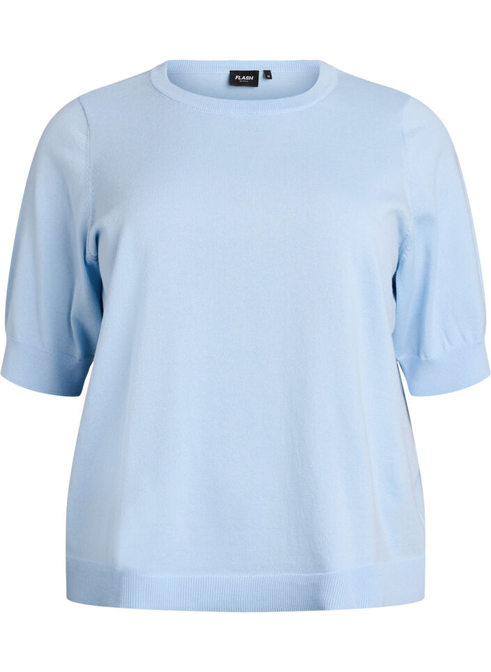 Fijngebreide blouse met korte mouwen, Blauw, Packshot image number 0