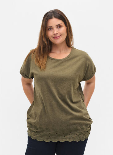 T-shirt met korte mouwen en borduursel anglaise, Ivy Green Mel., Model image number 0
