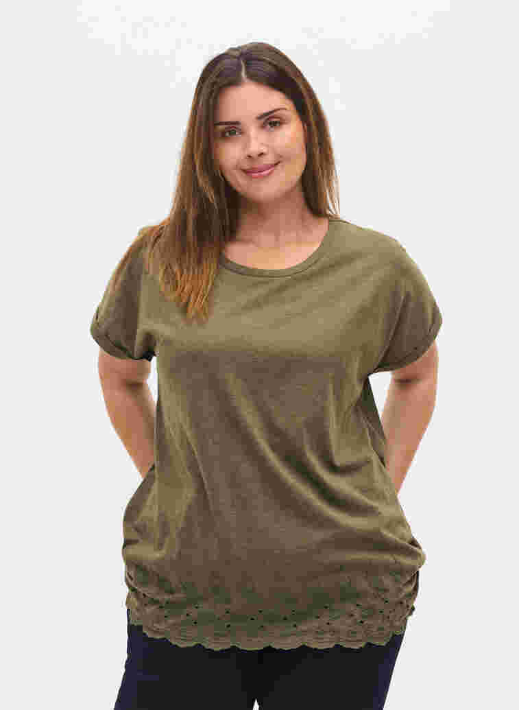 T-shirt met korte mouwen en borduursel anglaise, Ivy Green Mel., Model