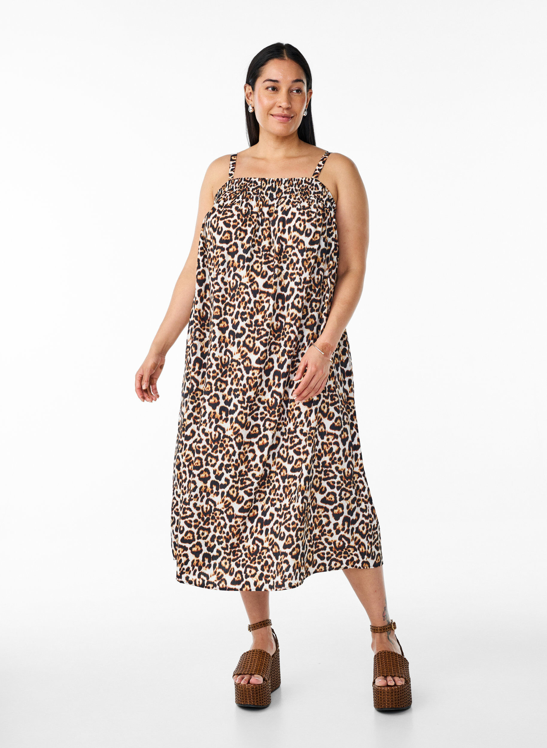 Midi slip jurk van viscose, Beige, Model