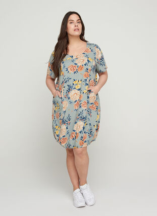 Viscose jurk met print en korte mouwen , Light Blue Flower, Model image number 3