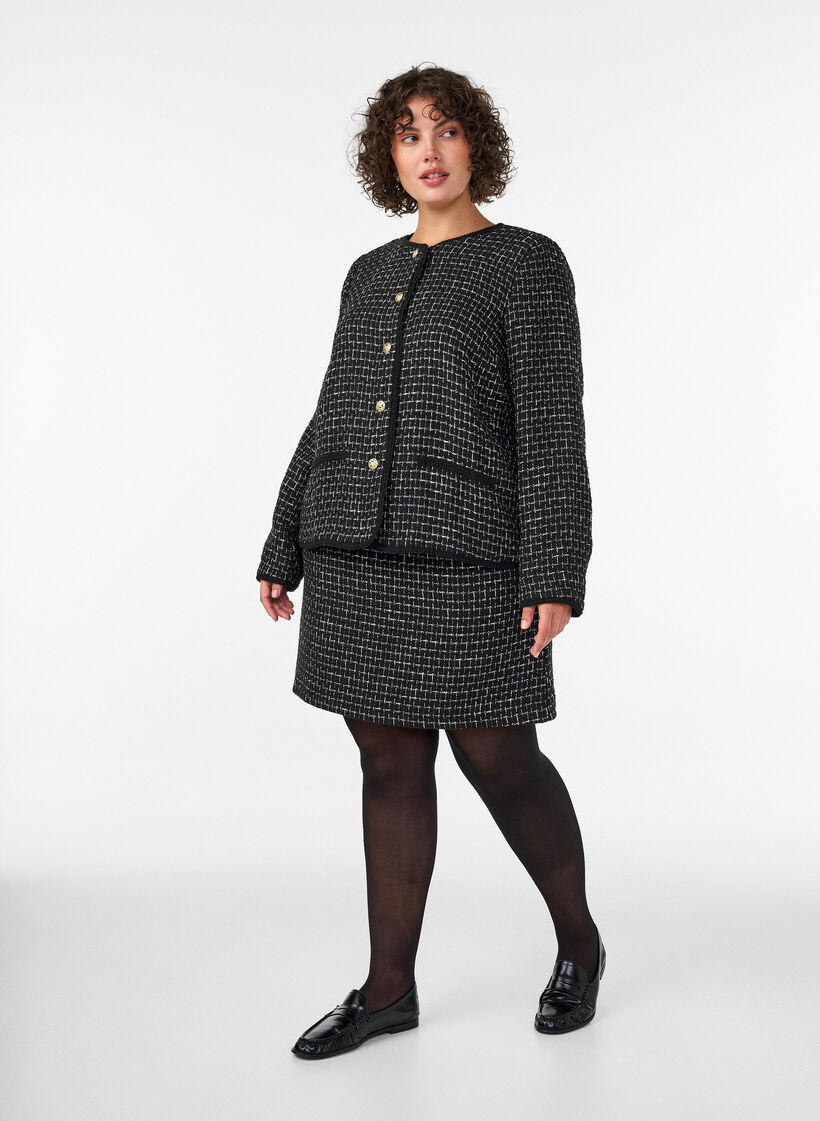 Jasje in boucl&eacute; met goudkleurige knopen, Zwart, Model image number 1