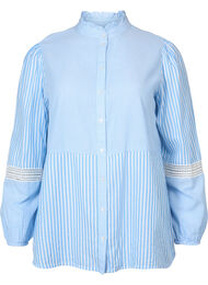 Overhemdblouse met ruches op de kraag en een gehaakte band, Marina W. Stripe