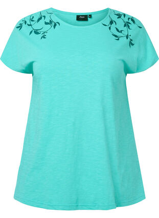 Katoenen t-shirt met bladprint, Turquoise C Leaf, Packshot image number 0