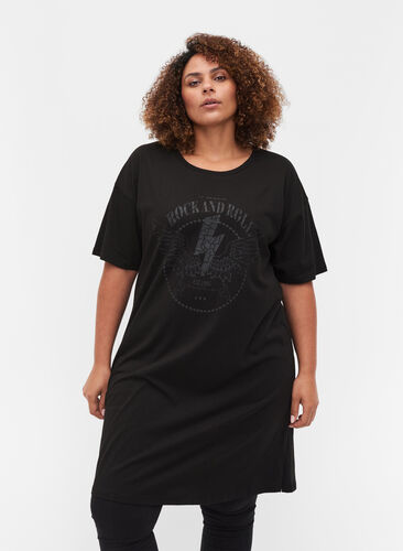 Katoenen T-shirt jurk met print details, Black w. Black, Model image number 0