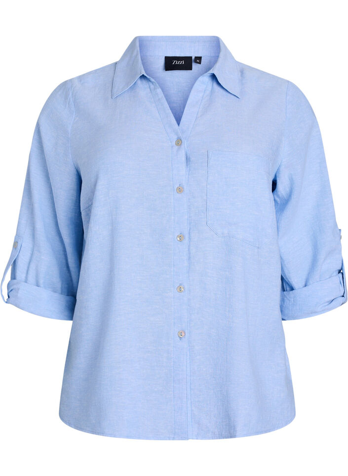 Linnen en viscose shirt met 3/4 mouwen, Blauw, Packshot image number 0
