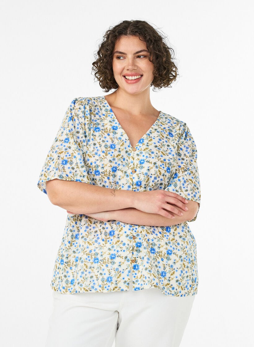 Katoenen shirt met korte mouwen en een V-hals, Blauw, Model