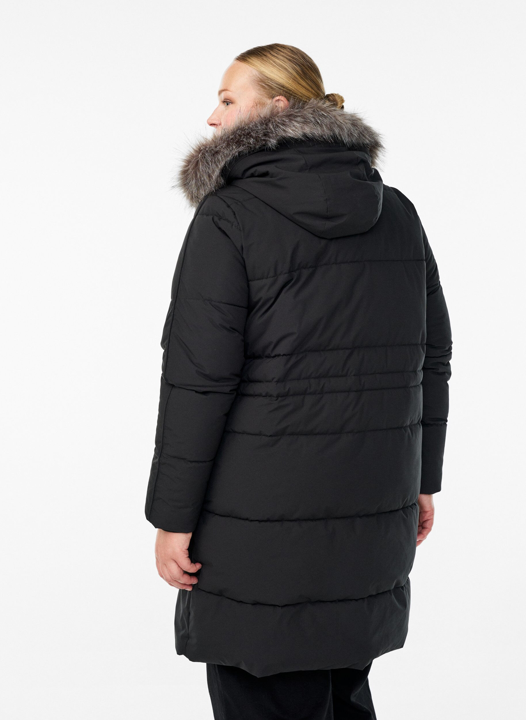 Zizzi Waterafstotende parka met imitatiebontkraag, Zwart, Model image number 2