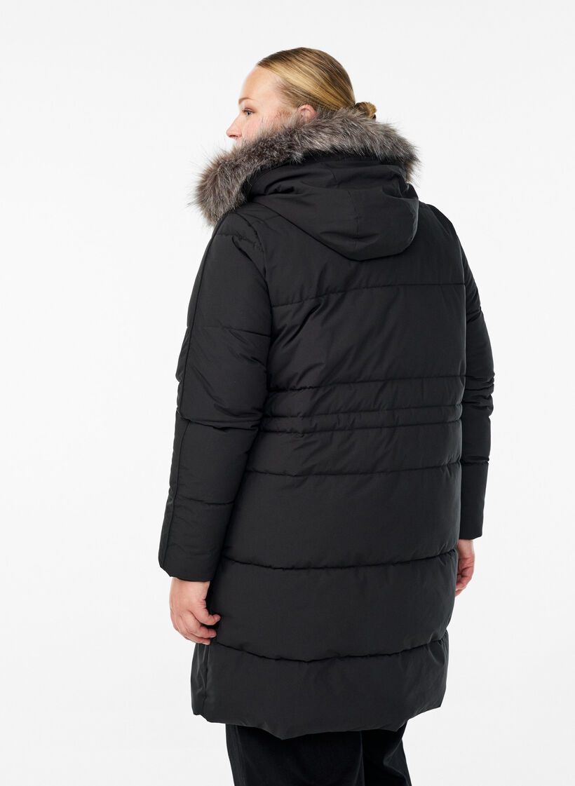 Waterafstotende parka met imitatiebontkraag, Zwart, Model image number 2