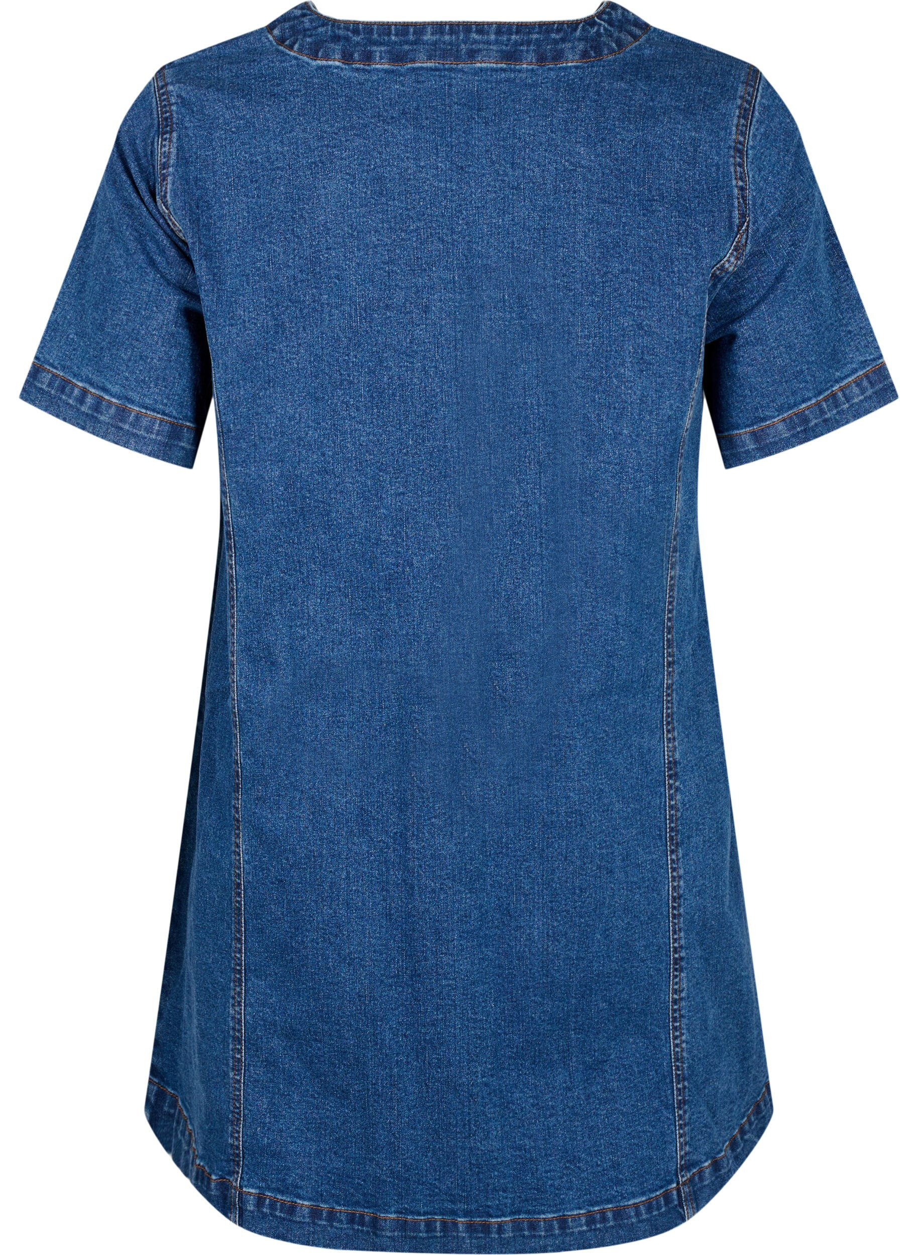 Zizzi Korte denim jurk met V-hals, Blauw, Packshot image number 1