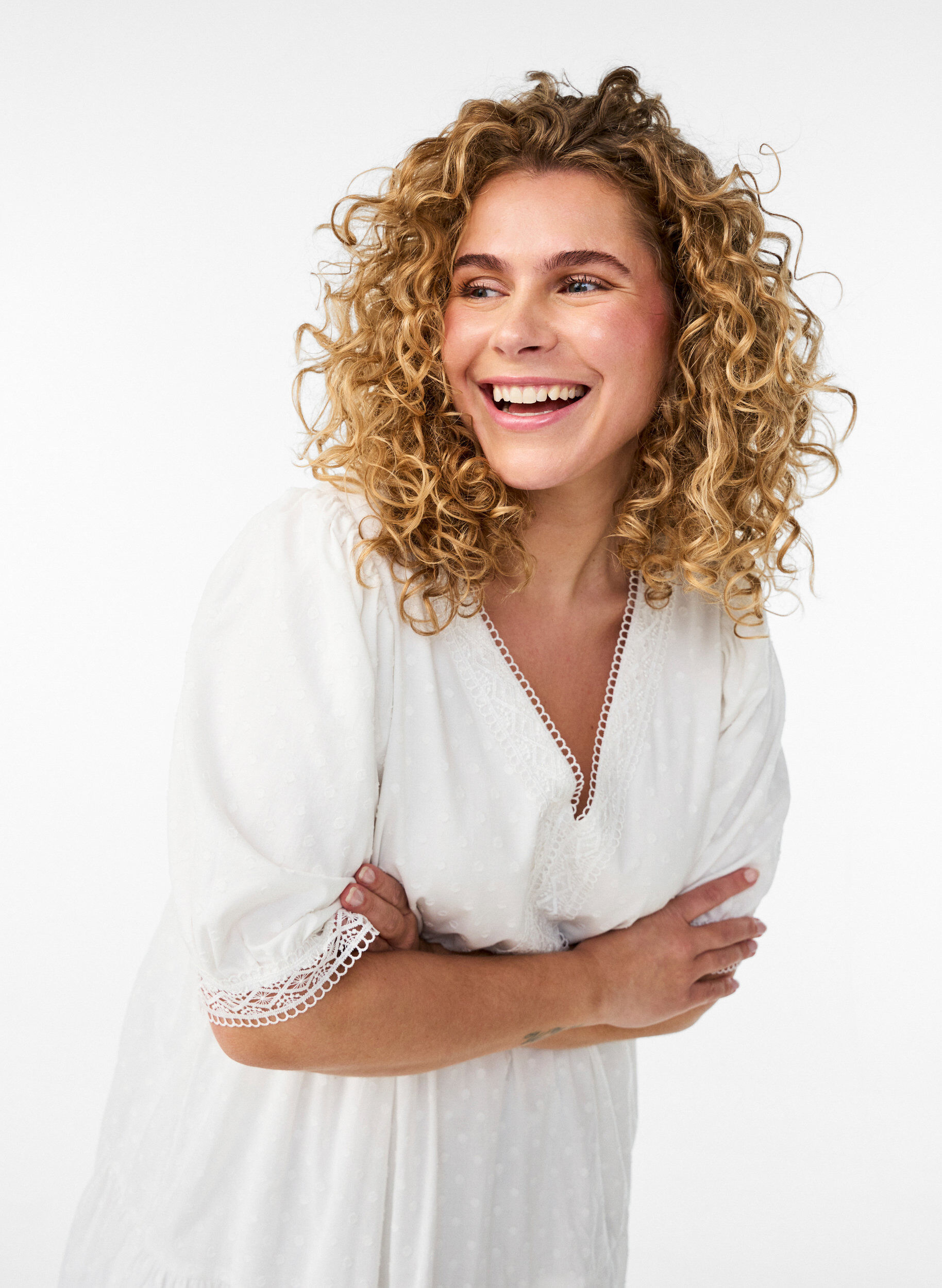 Zizzi Midi-jurk van gestructureerd katoen met crochet details, Wit, Model image number 2