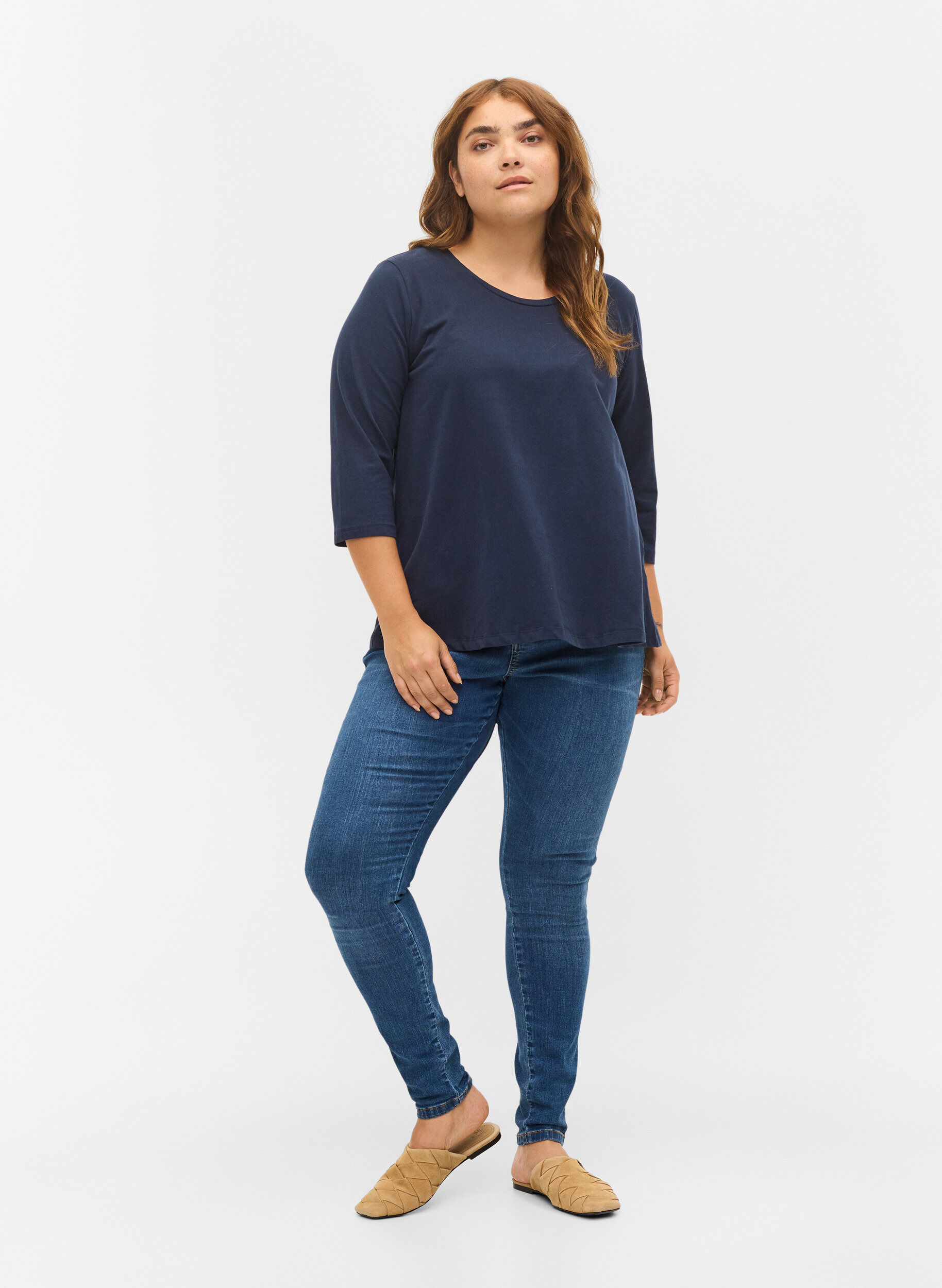 Zizzi Basic katoenen t-shirt met 3/4 mouwen, Blauw, Model image number 1