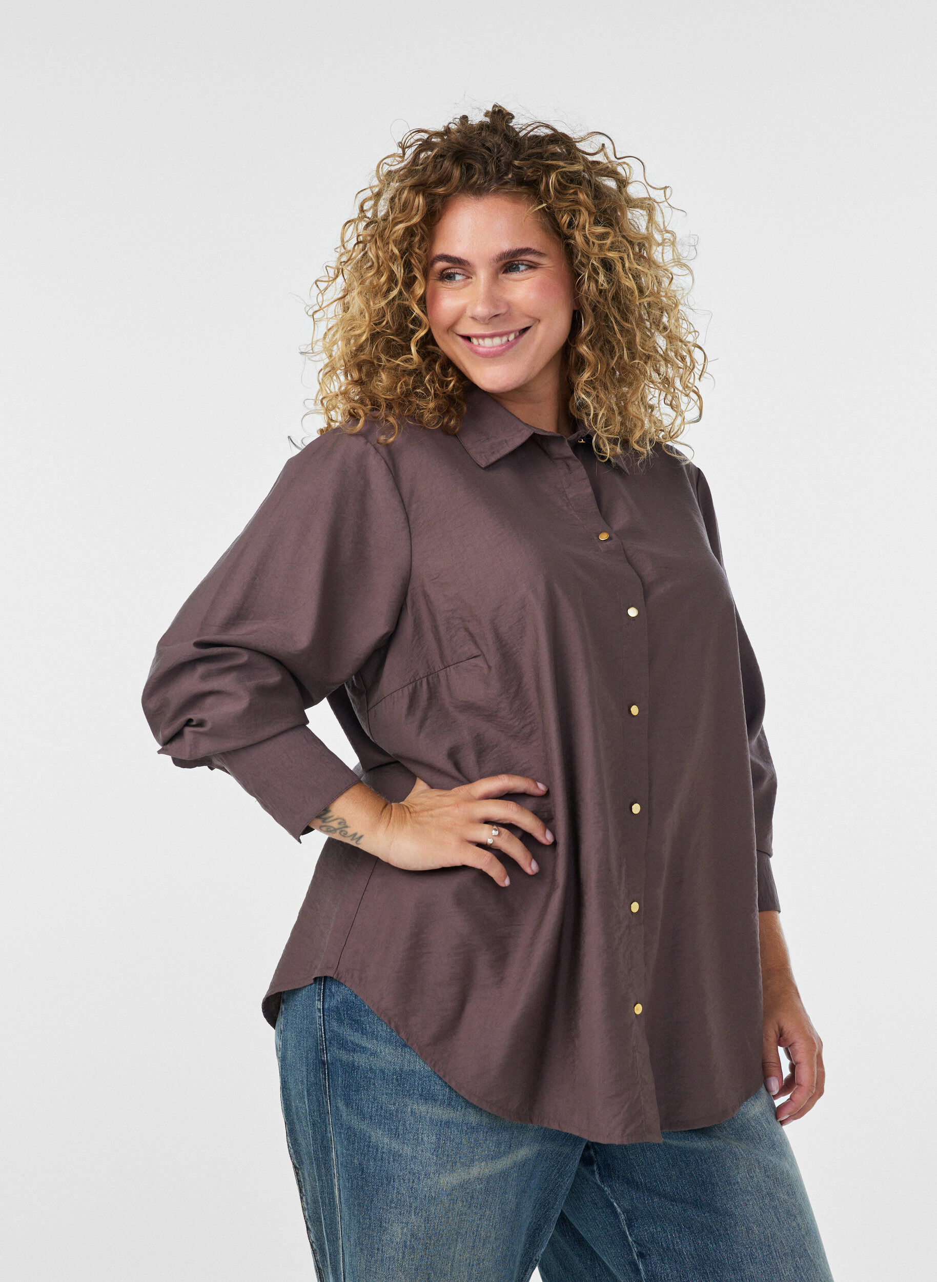 ZizziViscose shirt met gouden knopen, Bruin, Model image number 0