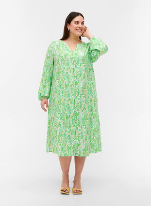 Midi-jurk van viscose met print en lange mouwen, Green Paisley AOP, Model image number 0
