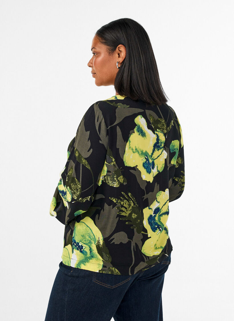 Blouse met bloemenprint, boothals en wijde mouwen, Zwart, Model image number 2