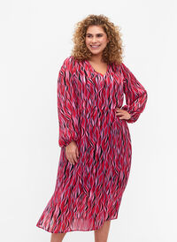 Lange mouwen midi jurk met print, Fuchsia Pink AOP, Model