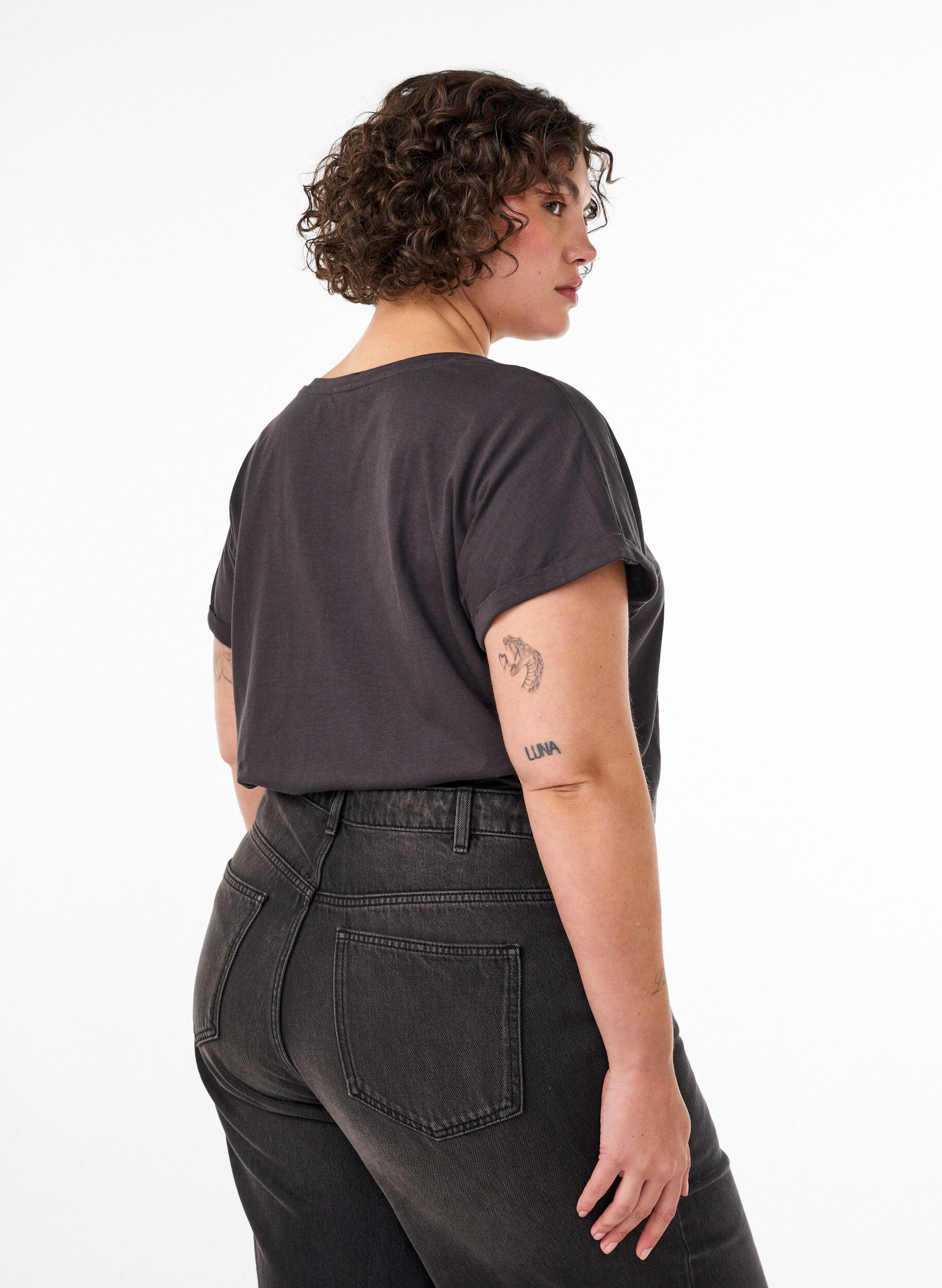 ZizziKatoenen T-shirt met goudkleurige folieprint, Grijs, Model image number 2