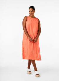 Mouwloze jurk van katoenmix met linnen, Living Coral, Model