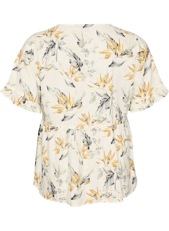 Blouse in linnen en viscose met een V-hals en knoopsluiting, Wit, Packshot image number 1