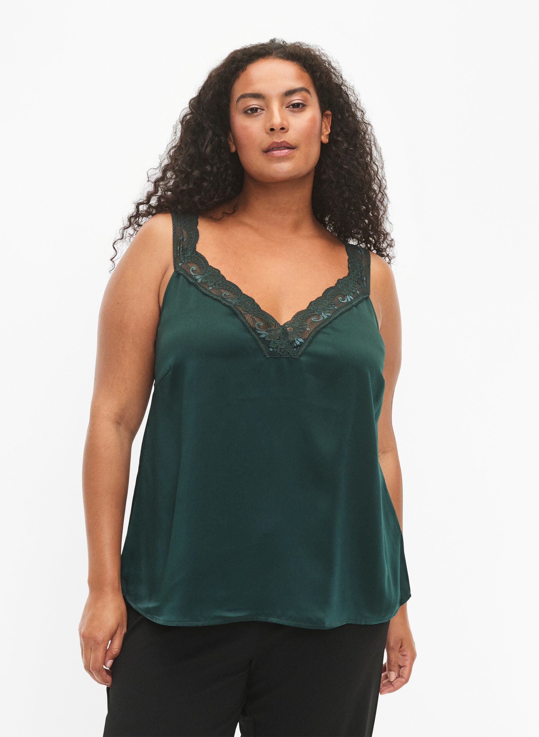 Zizzi FLASH - Top met V-hals en kanten rand, Scarab, Model image number 0