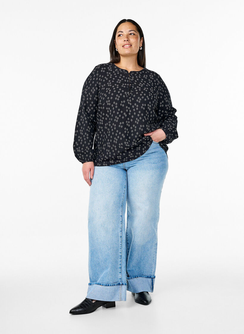 Blouse met lange mouwen met patroon en knopen, Zwart, Model image number 1