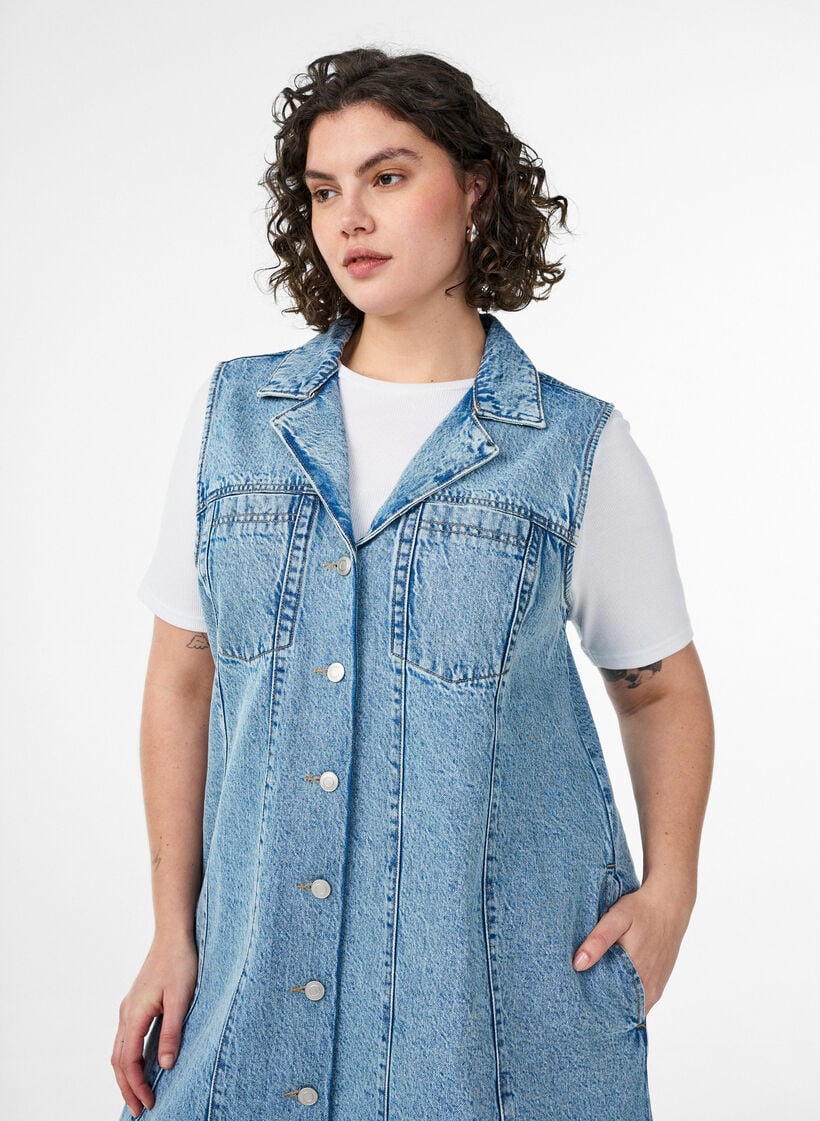 Mouwloze denimjurk met knoopsluiting en splitten, Blauw, Model image number 2