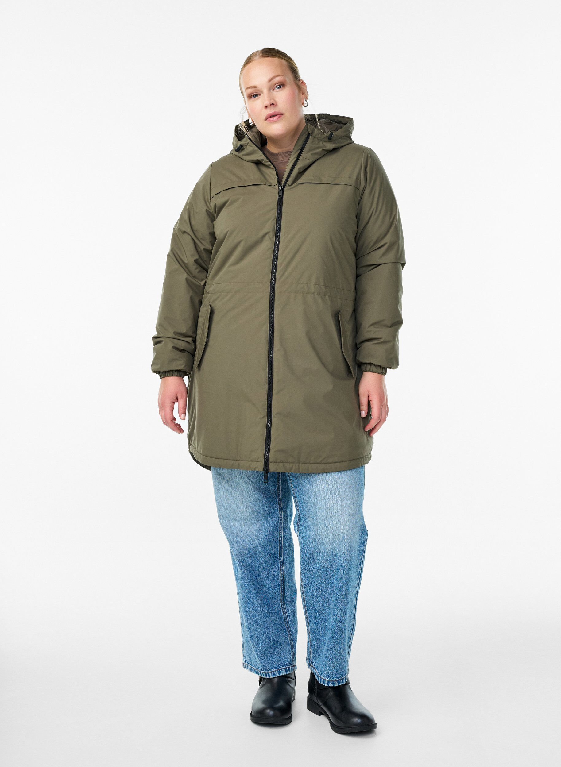 Zizzi Lichtgewicht gewatteerde parka met een capuchon, Groen, Model image number 1