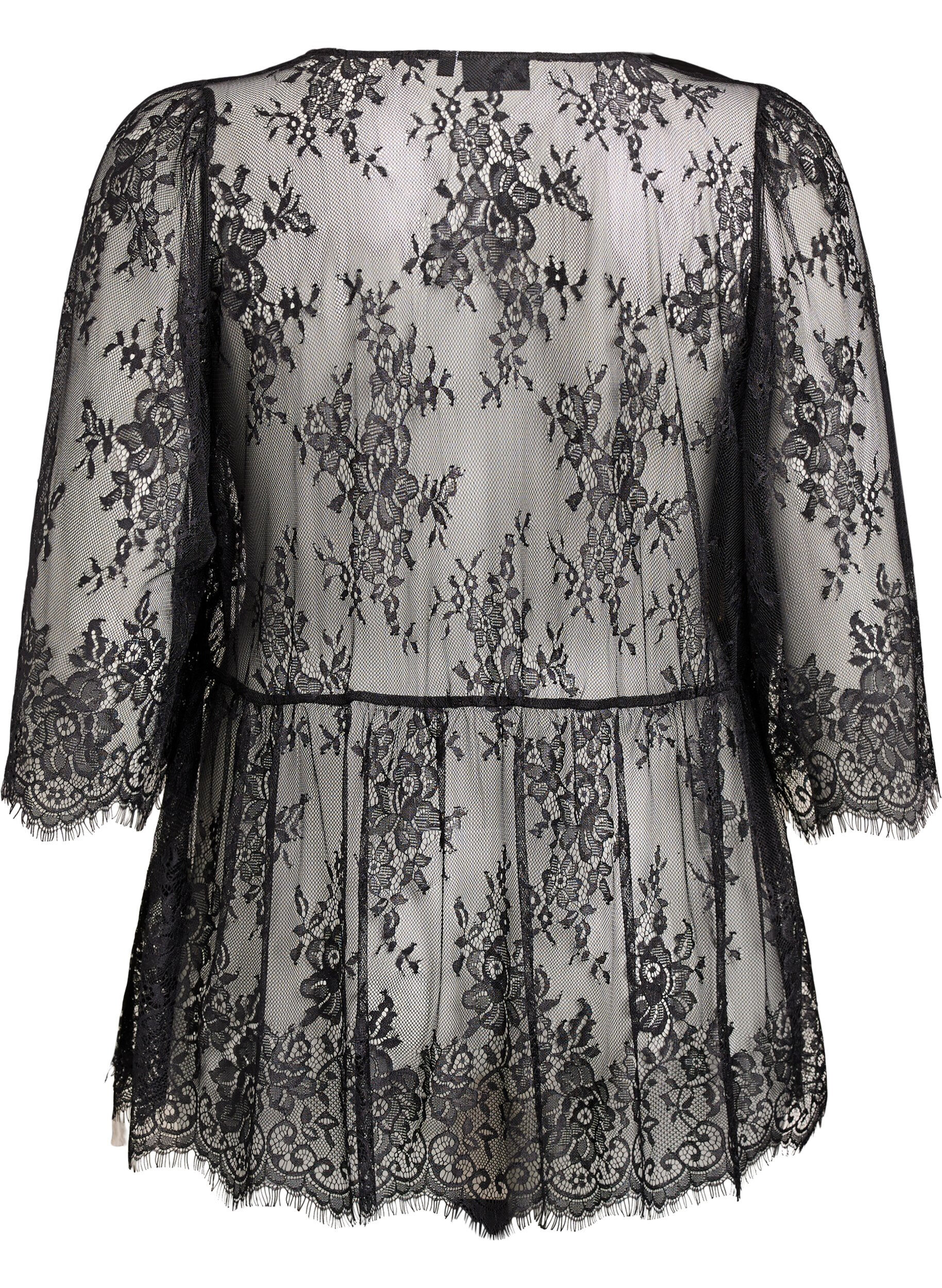 Zizzi Kanten top met strikdetail en 3/4-mouwen, Zwart, Packshot image number 1